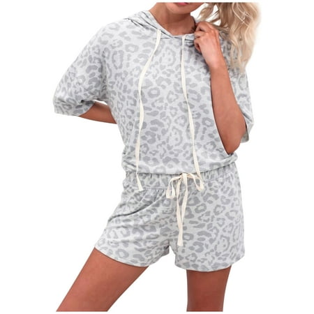 

Binmer Women Summer Pajama Suit Hooded Drawstring Leopard Print Crewneck Short-sleeved Nightdress Two-piece Set