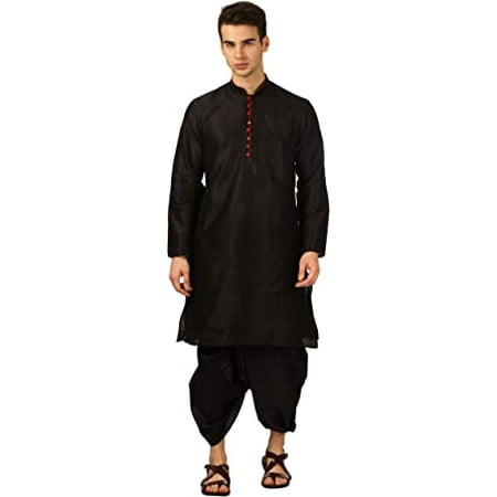Royal Kurta Mens Silk Blend Loop Button Kurta and Dhoti Set (44 Jet Black)