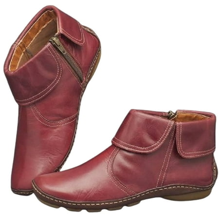 huanledash Retro Women Walking Arch Support Boots Faux Leather Zip Flat Ankle Booties Shoes