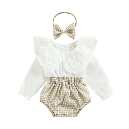 Musuos 2Pcs Baby Girl Fall Outfit Plaid Patchwork Lace Doll Collar Long Sleeve Romper + Hairband Set for Infants 0-18 Months
Musuos 2Pcs Baby Girl Fall Outfit Plaid Patchwork Lace Doll Collar Long Sleeve Romper + Hairband Set for Infants 0-18 Months