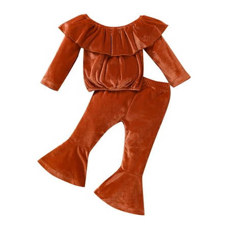 

GWAABD Toddler Girl Outfits Summer Brown Polyester Baby Girls Long Sleeve Solid Off Shoulder Tops Velutum Bell Bottomed Flare Pants Outfit Set 2PC 92