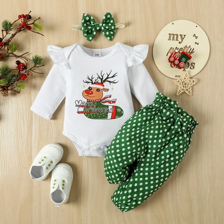 

Morttic Newborn Baby Girls Merry Christmas Outfits Elk Ruffle Romper Tops Polka Dot Pants Headband Clothes Set 3-6 Months