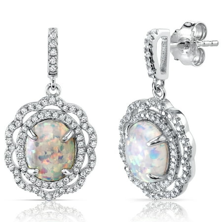 Peora 2.50 Ct Oval Shape Created Opal Sterling Silver Drop Earrings Rhodium Finish