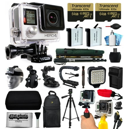 GoPro Hero 4 HERO4 Black Edition 4K Action Camera Camcorder with 2x Micro SD Cards, 2x Battery & Charger, Backpack, Helmet Strap, Handle, Car Mount, Selfie Stick, Tripod, Travel Case