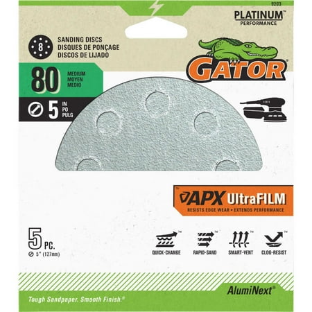 Gator-Gator 5 In. 80-Grit 8-Hole Pattern Vented Sanding Disc with Hook & Loop Backing (5-Pack)
Gator-Gator 5 In. 80-Grit 8-Hole Pattern Vented Sanding Disc with Hook & Loop Backing (5-Pack)