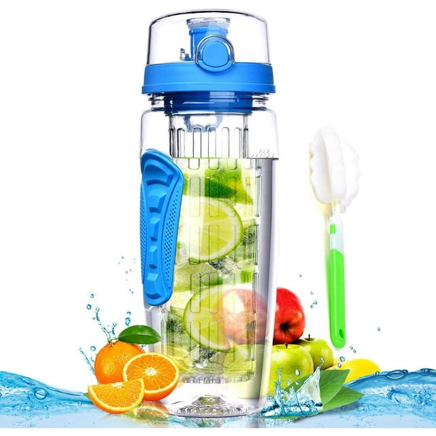 Fruit Infuser Water Bottle 32 oz: Flavored Water & Tea Infusion for Hydration, Protein Shake Sports Container, Leak-Proof Lid, Long Infuser Basket – with Sleeve, Cleaner Brush -Blue