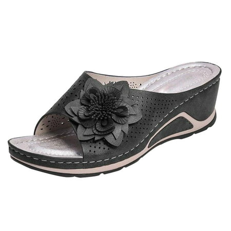 Ocuuer Fashion Women Hollow Flower Sandals Wedge Heels Summer Slippers (Black 42)