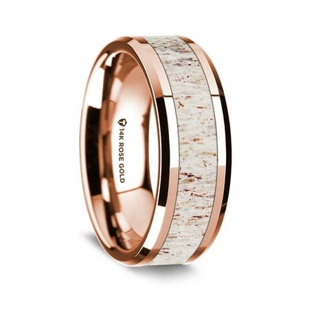 14K Rose Gold Polished Beveled Edges Wedding Ring With White Deer Antler Inlay