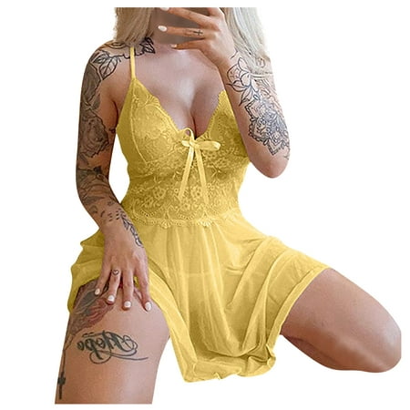 

DNDKILG Women Plus Size Sexy Mini Babydoll V Neck See Through Sleepwear Lace Boudoir Lingerie Yellow XL