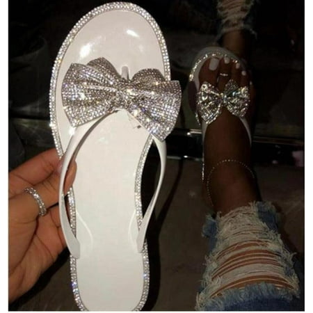 Ladies summer flat bow rhinestone slippers