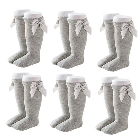6 Pairs Baby Girls Knee High Socks Bowknot Cotton Socks Gray