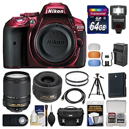 Nikon D5300 Digital SLR Camera Body (Red) with 35mm f\/1.8 & 18-140mm VR Zoom Lens + 64GB Card + Case + Flash + Battery Kit Nikon D5300 Digital SLR Camera Body (Red) with 35mm f\/1.8 & 18-140mm VR Zoom Lens + 64GB Card + Case + Flash + Battery Kit