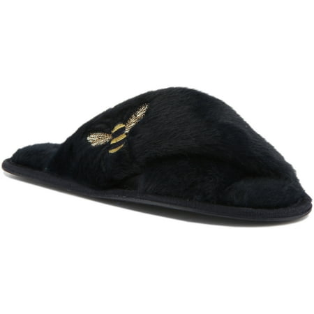 Joules Honey Women s Bee Embroidered Faux Fur Slippers In Navy Size 7/8