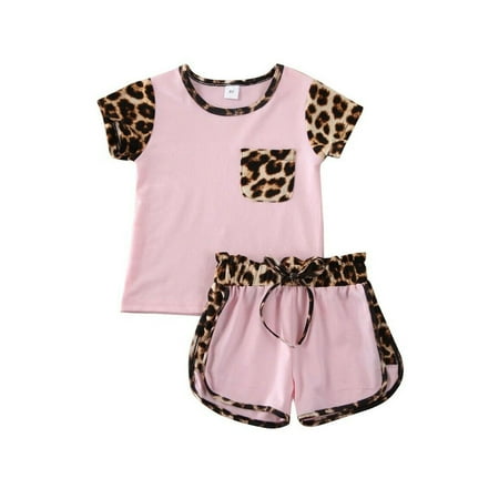 FOCUSNORM Baby Girls Leopard Short Sleeve Tops + Short Pants Outfits Set