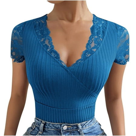 Blouses for Women Fashion 2023 Women Fashion Casual Solid Color V-Neck Lace Stitching Short Sleeve T-shirt Top Slim Fit Short Blouse Pullover Summer Tops Blue L
Blouses for Women Fashion 2023 Women Fashion Casual Solid Color V-Neck Lace Stitching Short Sleeve T-shirt Top Slim Fit Short Blouse Pullover Summer Tops Blue L