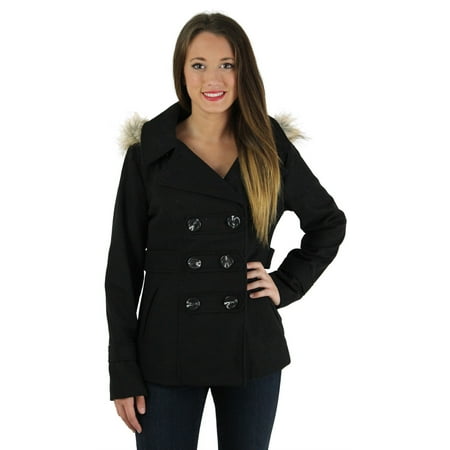 Dollhouse Junior's Women's Wool Blend Detachable Hood Pea Coat Jacket