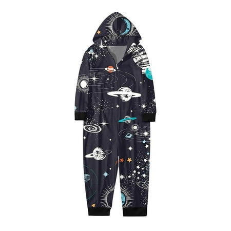 Youmylove Children Kids Christmas Sets Black Space Printed Hooded Zipper Jumpsuit Family Outfit