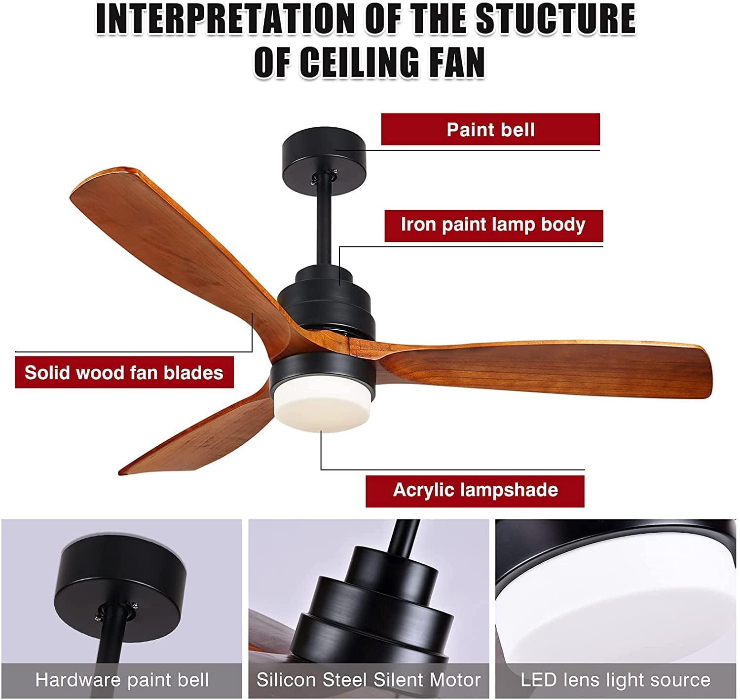 Buy Kapoefan Solid Wooden Down Rod Ceiling Fan With Lights