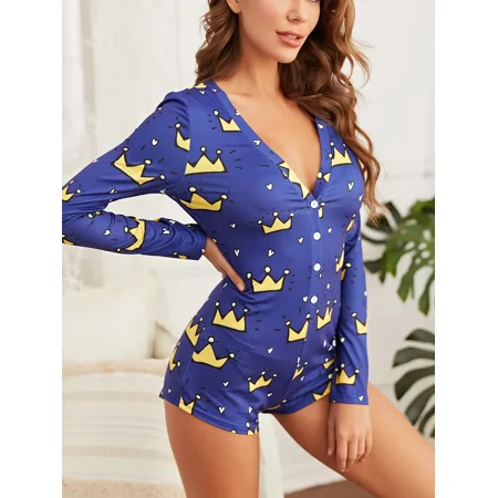 Cute Cartoon Print Pajama Romper Long Sleeve V Neck Button Up Slim One Piece Jumpsuit Women‘s Sleepwear & Loungewear
Cute Cartoon Print Pajama Romper Long Sleeve V Neck Button Up Slim One Piece Jumpsuit Women‘s Sleepwear & Loungewear