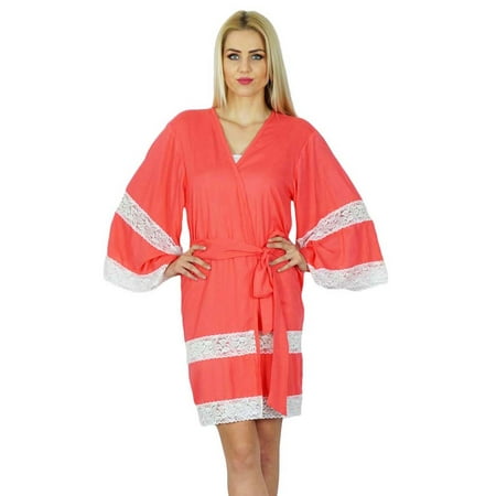 Bimba Women Rayon Kimono Sleeve Robe Bridesmaid Getting Ready Lace Coverup