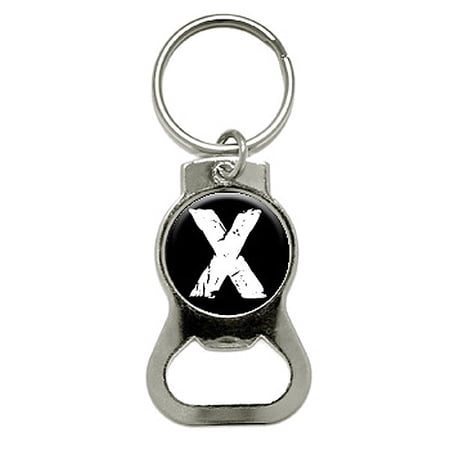 X Letter Black - White - Distressed Round Bottle Opener Keychain