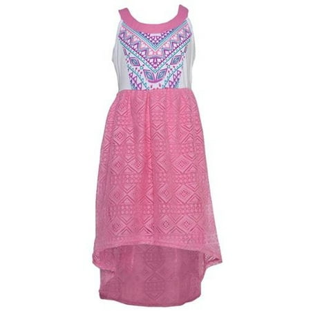 Girls Pink Ethno Geometric Print Hi-Low Sleeveless Dress 14
