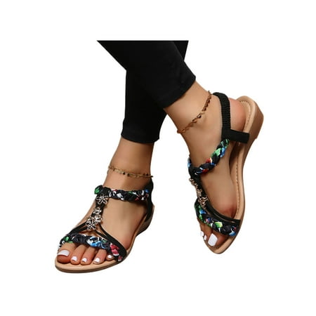 Wazshop Ladies Casual Shoes Summer Sandals Slip On Flat Sandal Ankle Strap Beach Womens Bohemian Comfort Black 7.5