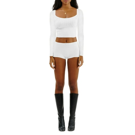goowrom Women Pajama Set Long Sleeve Bow Crop Top with Low Waist Shorts