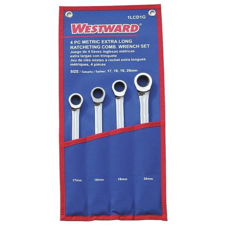 Westward Ratcheting Wrench Set, Combination, Extra Long, Chrome Vanadium Steel, 1LCD1