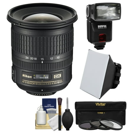 Nikon 10-24mm f\/3.5-4.5 G DX AF-S ED Zoom-Nikkor Lens with Flash + Soft Box + 3 Filters + Kit for D3200, D3300, D5300, D5500, D7100, D7200 Cameras