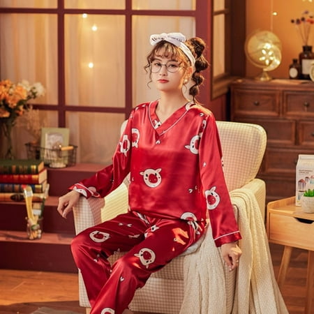PIKADINGNIS Pajamas for Women Autumn New Womens Silk Long Sleeve Loose Print Christmas Women Sleepwear Set Long Pants Home Clothes
PIKADINGNIS Pajamas for Women Autumn New Womens Silk Long Sleeve Loose Print Christmas Women Sleepwear Set Long Pants Home Clothes