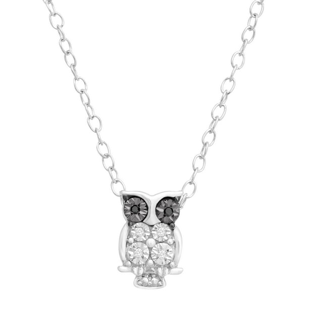 Owl Pendant Necklace with White and Black Diamonds in Sterling Silver, 17