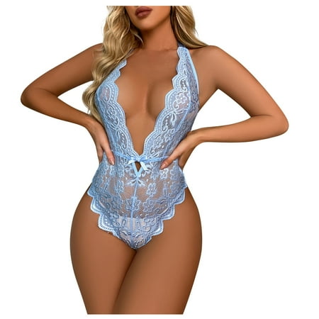 

YDKZYMD Women s Light Blue Bra and Panty Teddy Babydoll Deep V Neck Lace Pajamas Underwear Bodysuit Sexy Eyelash Lingerie Set One Piece S-XXL