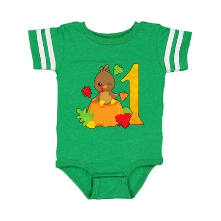 Inktastic First birthday turkey on pumpkin Gift Baby Boy or Baby Girl Bodysuit