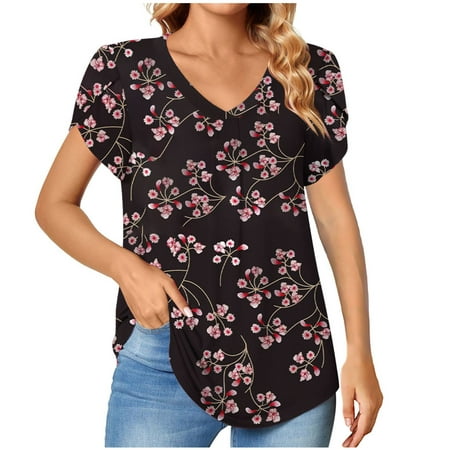 

Hfyihgf Women s Petal Sleeve Tops Trendy V Neck Short Sleeve Shirts Cute Summer Casual T-Shirts Loose Flowy Floral Print Tunic Blouses(01#Black S)