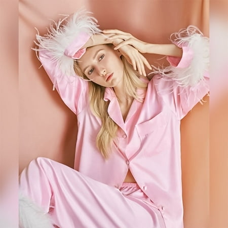 

QWZNDZGR Hiloc Satin Pajamas With Feathers 2022 Fashion Women Pajama With Fur Single Breasted Trouser Suits Pocket Sleepwear Home Suit
