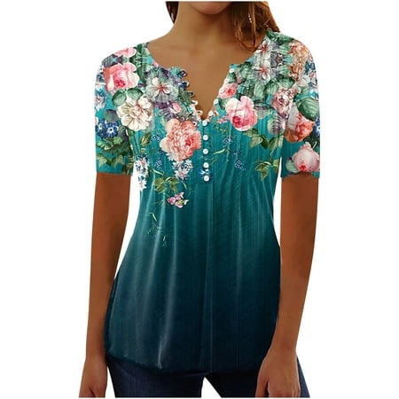

Wenini Plus Size Corset Tops For Women Floral Print Tunic V-Neck Short Sleeve Summer T-Shirts Beach Casual Fashion Loose Sexy Fold Blouses Tops with Button Green XXXXL