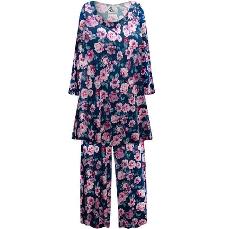 

Plus Size Women’s Long Sleeve Sleepwear with Long Pants Soft Loungewear Teal Garden Print Pajama Set Extra Tall XL 2x