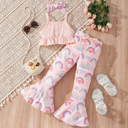 Edvintorg Summer Girls Clothing Sets Clearance Casual Style Solid Color Sleeveless Crop Tops+ Rainbow Striped Flared Pants Trousers + Headband Baby Clothes Children Kids Outfits
Edvintorg Summer Girls Clothing Sets Clearance Casual Style Solid Color Sleeveless Crop Tops+ Rainbow Striped Flared Pants Trousers + Headband Baby Clothes Children Kids Outfits