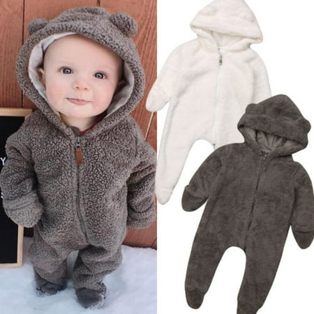 Cute Infant Baby Boy Girl Fur Fuzzy Bear Romper Jumpsuits Zipper Hooded Homewear