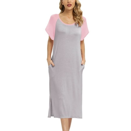 

Xmarks Women s Short Sleeve Long Nightgown with Pockets Color Block Crewneck Nightdress Super Soft Cozy Sleepwear Nightshirt Side Slit Sleepshirt Loose Casual Sleep Dress S-2XL