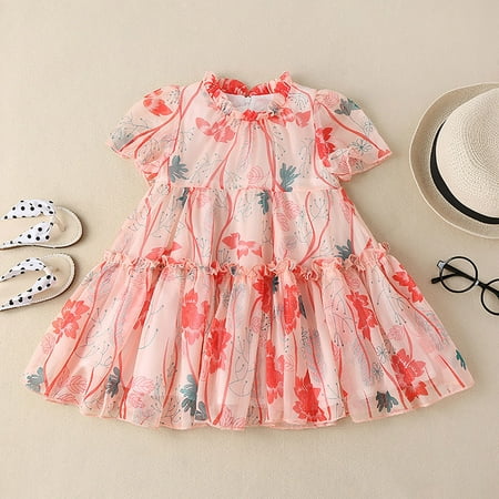 Dyfzdhu Girls Dress Toddler Girls Dress Summer Short Sleeve Fashion Flower Prints Small Fresh Style Dress Princess Dress Casual Dress