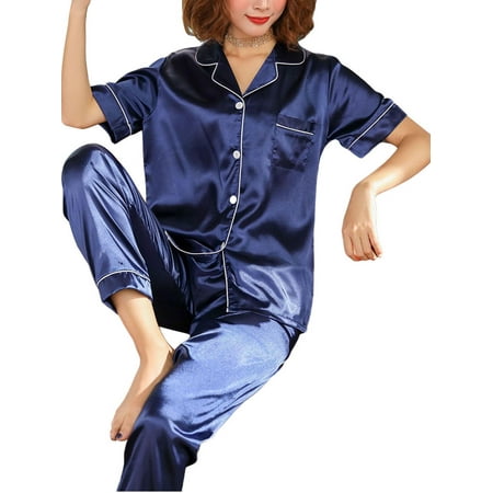 Sunisery 2Pcs Women Satin Silk Casual Homewear Pyjamas Short Sleeve Sleepwear Suits Home Nightwear
Sunisery 2Pcs Women Satin Silk Casual Homewear Pyjamas Short Sleeve Sleepwear Suits Home Nightwear