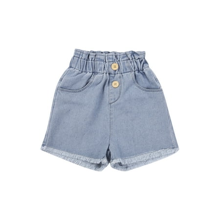 Girls Blue Flower Buds High Waist Stretch Denim Shorts Breeches