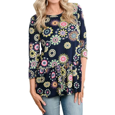 Women 3/4 Sleeve Round Neck Floral Print Pleated Hem Tops