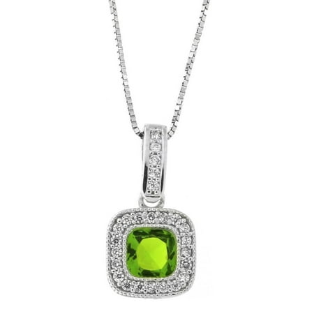 14k White Gold Simulated Peridot and Cubic Zirconia Square Halo Pendant Necklace