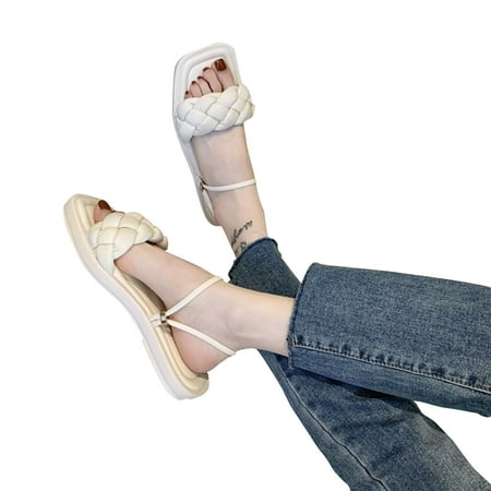 Women\ s Sandals Knitted Braid Style Open Toes Slip on Shoes Square Toe Casual