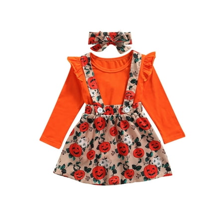 Kuriozud Girls Skirt Suit Casual Long Sleeve T-shirt Pumpkin Print Suspender Skirt Headband