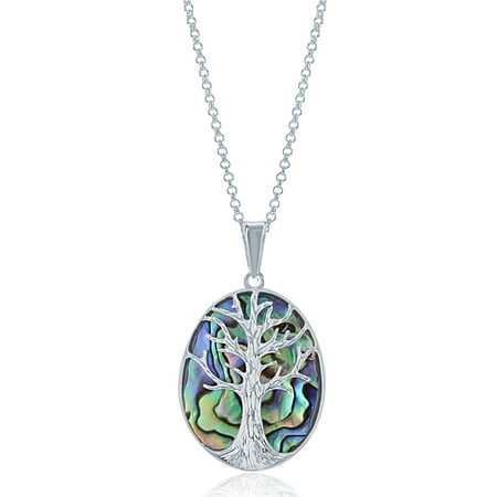Beaux Bijoux Sterling Silver Abalone Tree of Life Oval Pendant with 18 Chain (Multiple colors available)