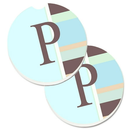 Carolines Treasures CJ1003-PCARC Letter P Initial Monogram - Blue Stripes Set of 2 Cup Holder Car Coasters Large